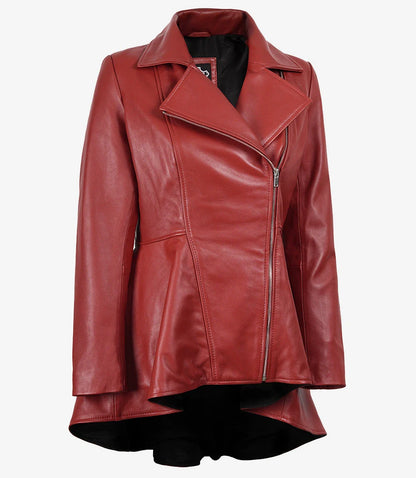 Women's Red Leather Peplum Jacket with Asymmetrical Zip Closure