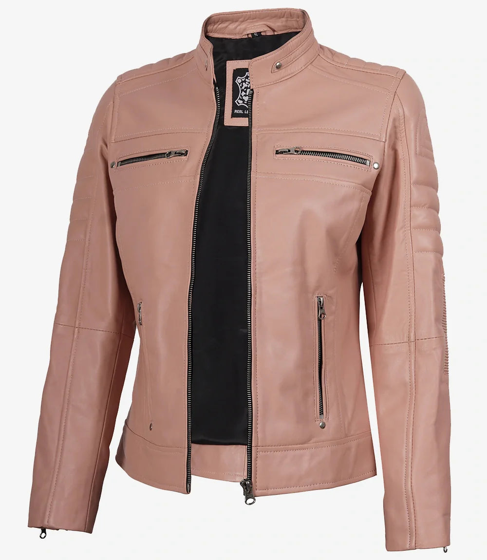 Womens Real Leather Pink Biker Style Jacket