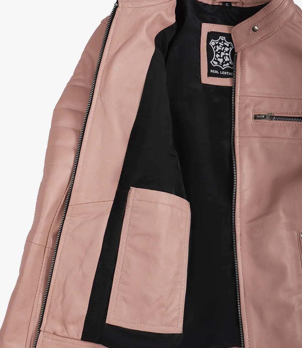 Womens Real Leather Pink Biker Style Jacket