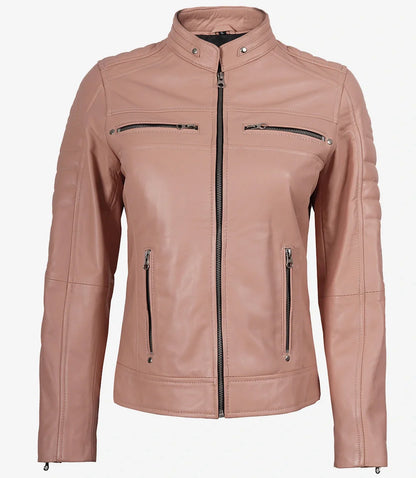 Womens Real Leather Pink Biker Style Jacket