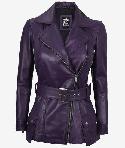 Women's Asymmetrical Purple Belted Biker Style Leather Jacket
