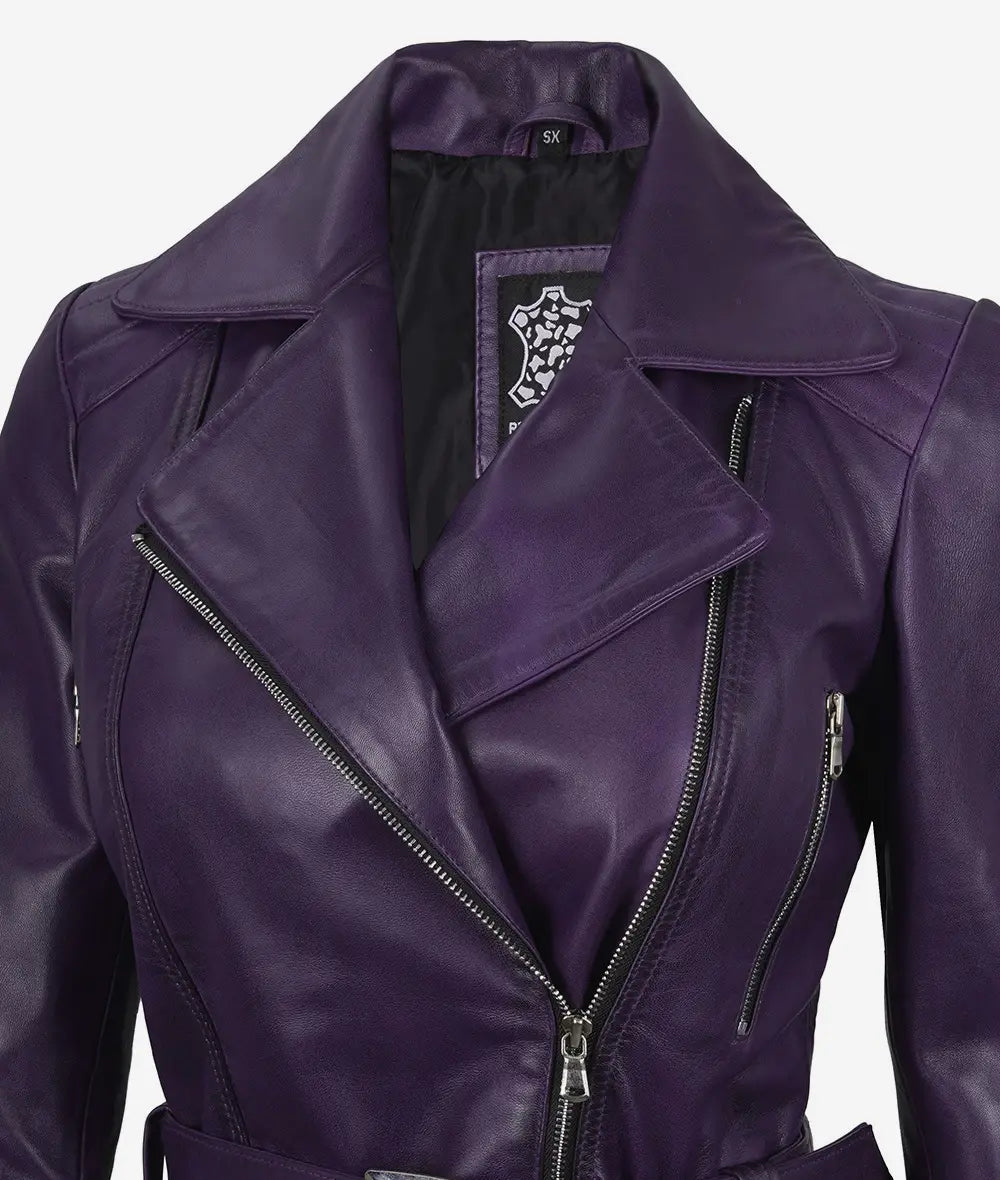 Women's Asymmetrical Purple Belted Biker Style Leather Jacket