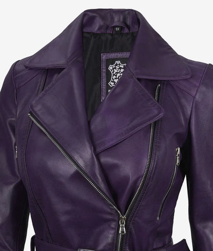 Women's Asymmetrical Purple Belted Biker Style Leather Jacket