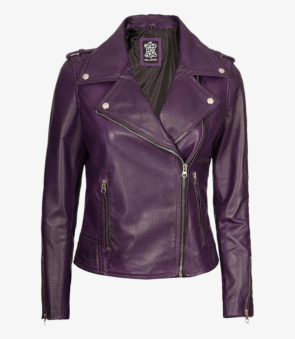 Women's Lambskin Asymmetrical Purple Biker Style Jacket