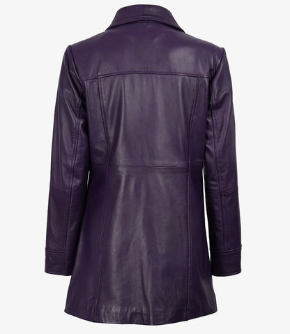 Women's 3/4 Length Button Down Purple Leather Coat
