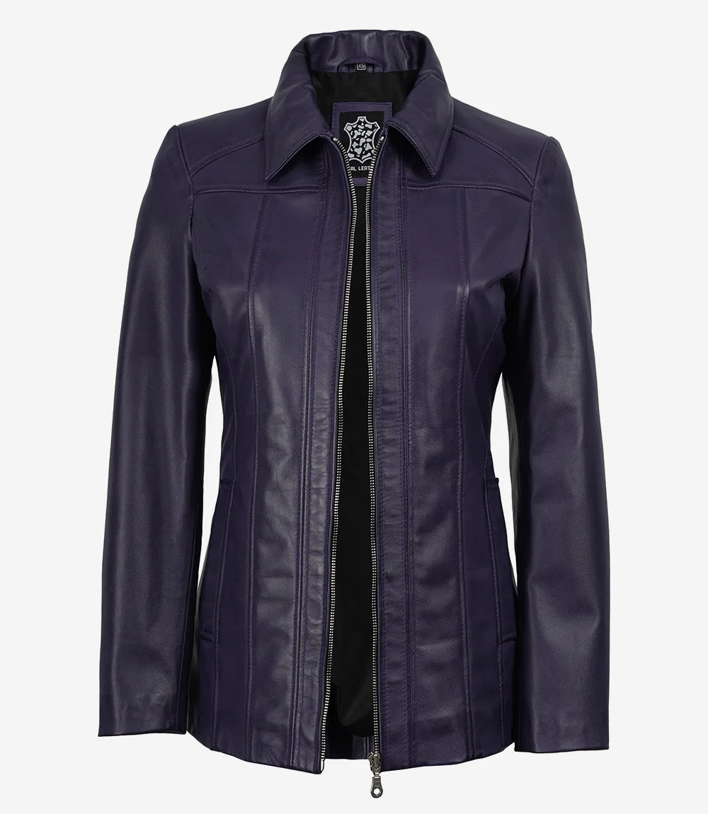 Women's Purple 3/4 Length Lambskin Coat with Shirt Collar