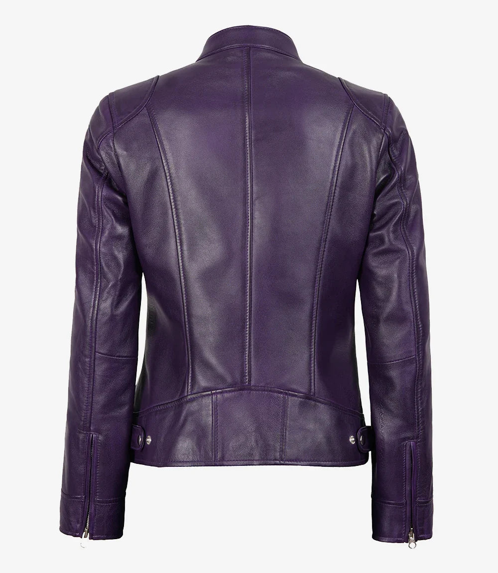 Dodge Womens Real Lambskin Leather Purple Biker Style Jacket