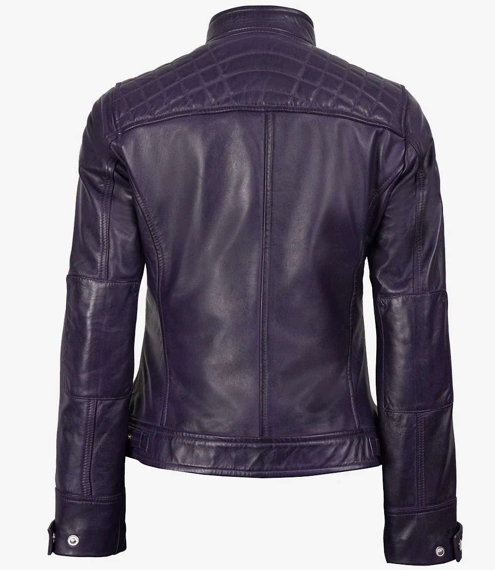 Women's Purple Biker Style Leather Jacket - Quilted Shoulder