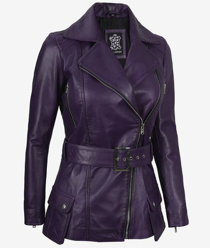 Women's Asymmetrical Purple Belted Biker Style Leather Jacket