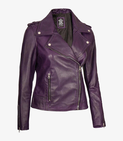 Women's Lambskin Asymmetrical Purple Biker Style Jacket