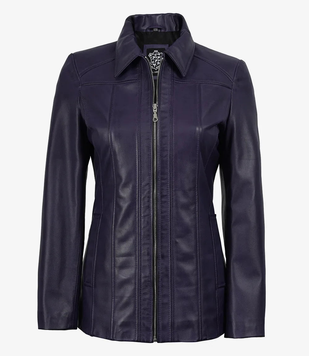 Women's Purple 3/4 Length Lambskin Coat with Shirt Collar
