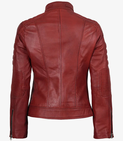 Womens Real Leather Red Waxed Biker Style Jacket