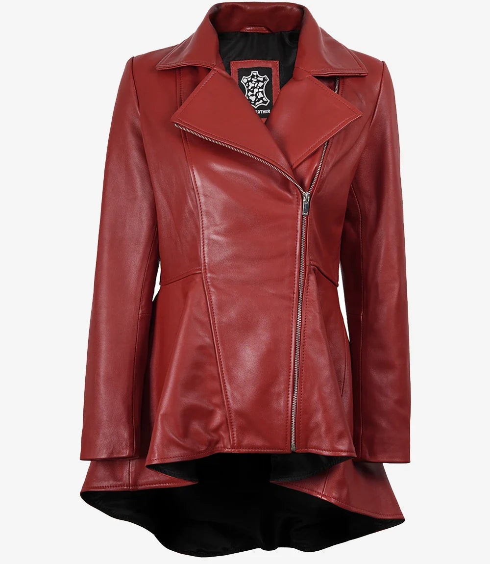 Women's Red Leather Peplum Jacket with Asymmetrical Zip Closure