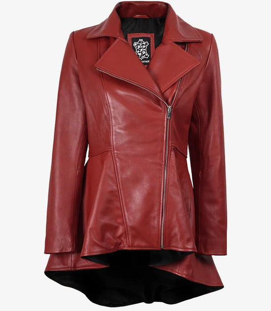 Women's Red Leather Peplum Jacket with Asymmetrical Zip Closure