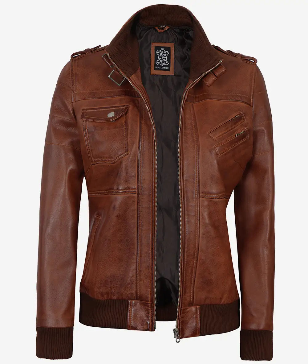 Women's Cognac Brown Leather Bomber Jacket