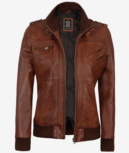 Women's Cognac Brown Leather Bomber Jacket