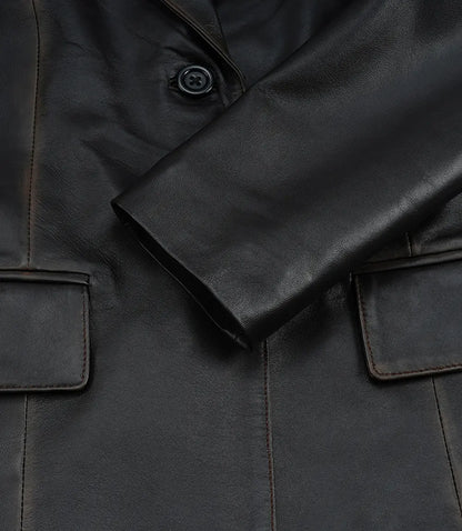 Women's Waxed Dark Brown Two Button Leather Blazer