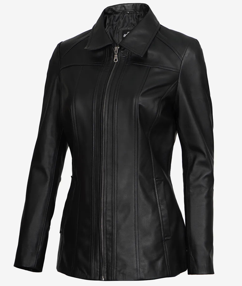 Marsha Womens Black Leather Car Coat