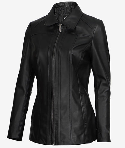 Marsha Womens Black Leather Car Coat