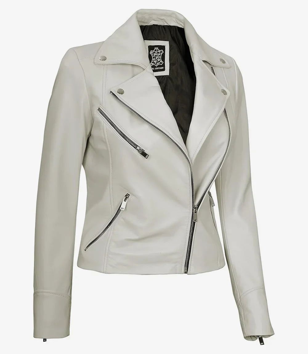 Women's Real Lambskin Leather Off White Biker Style Jacket