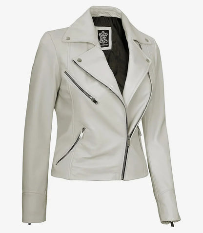 Women's Real Lambskin Leather Off White Biker Style Jacket