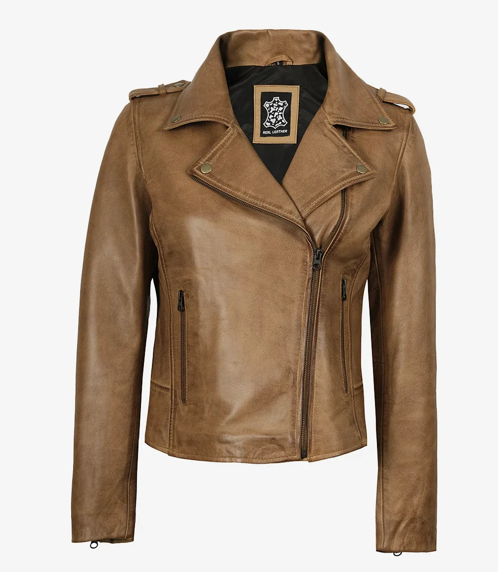 Women's Real Leather Camel Brown Biker Style Jacket