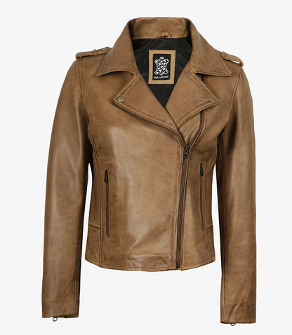 Women's Real Leather Camel Brown Biker Style Jacket