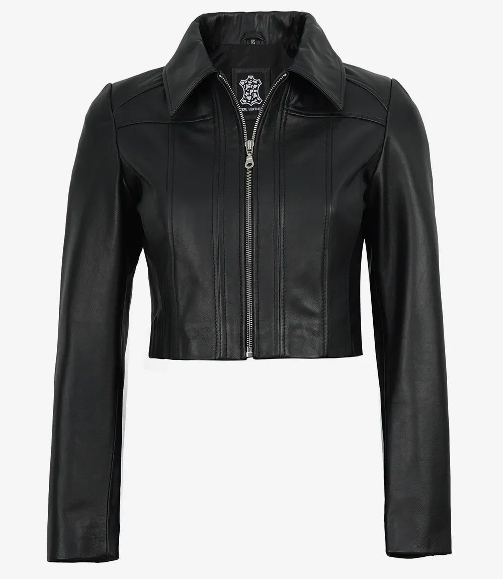 Marsha Women's Cropped Black Leather Jacket with Shirt Collar