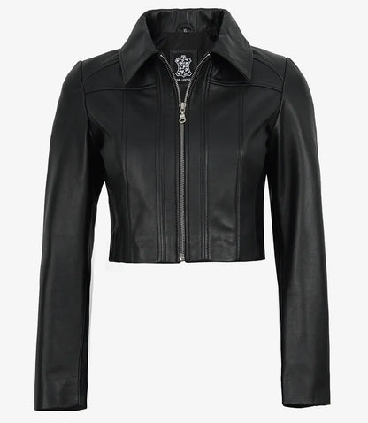 Marsha Women's Cropped Black Leather Jacket with Shirt Collar