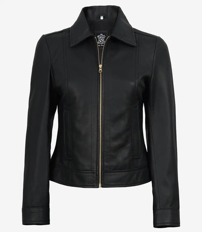 Jose Women's Black Harrington Leather Jacket with Golden Details