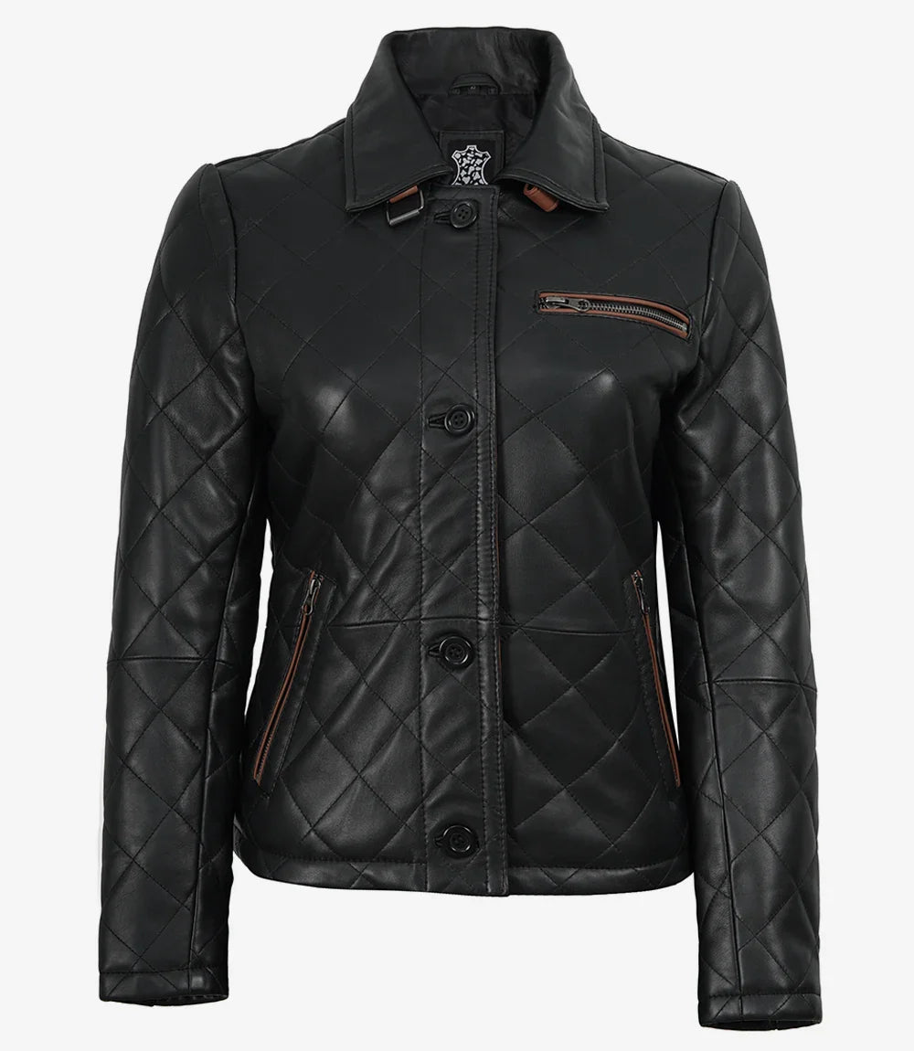 Glen Women's Black Diamond Quilted Leather Jacket with Brown Trim