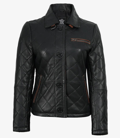 Glen Women's Black Diamond Quilted Leather Jacket with Brown Trim