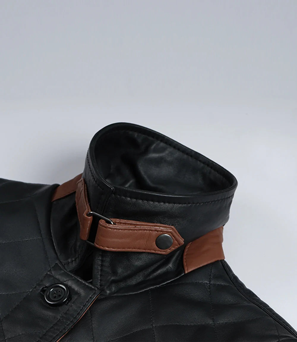Glen Women's Black Diamond Quilted Leather Jacket with Brown Trim