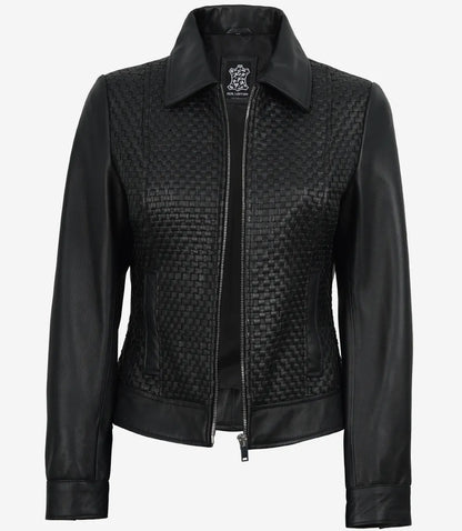 Jose Women's Black Shirt Collar Harrington Textured Leather Jacket