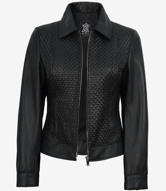 Jose Women's Black Shirt Collar Harrington Textured Leather Jacket