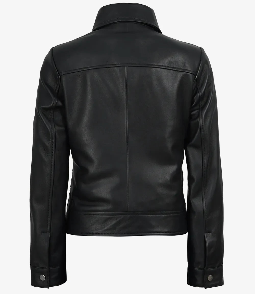 Jose Women's Black Shirt Collar Harrington Textured Leather Jacket