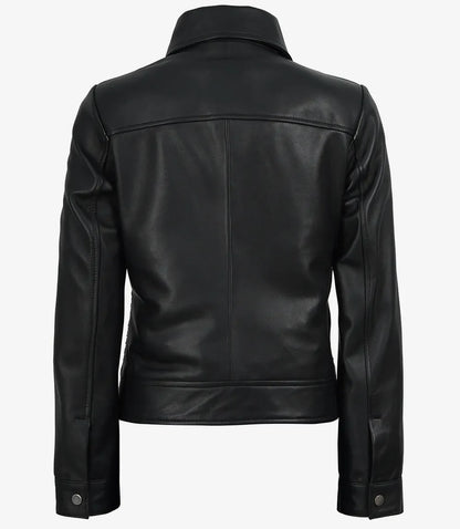 Jose Women's Black Shirt Collar Harrington Textured Leather Jacket