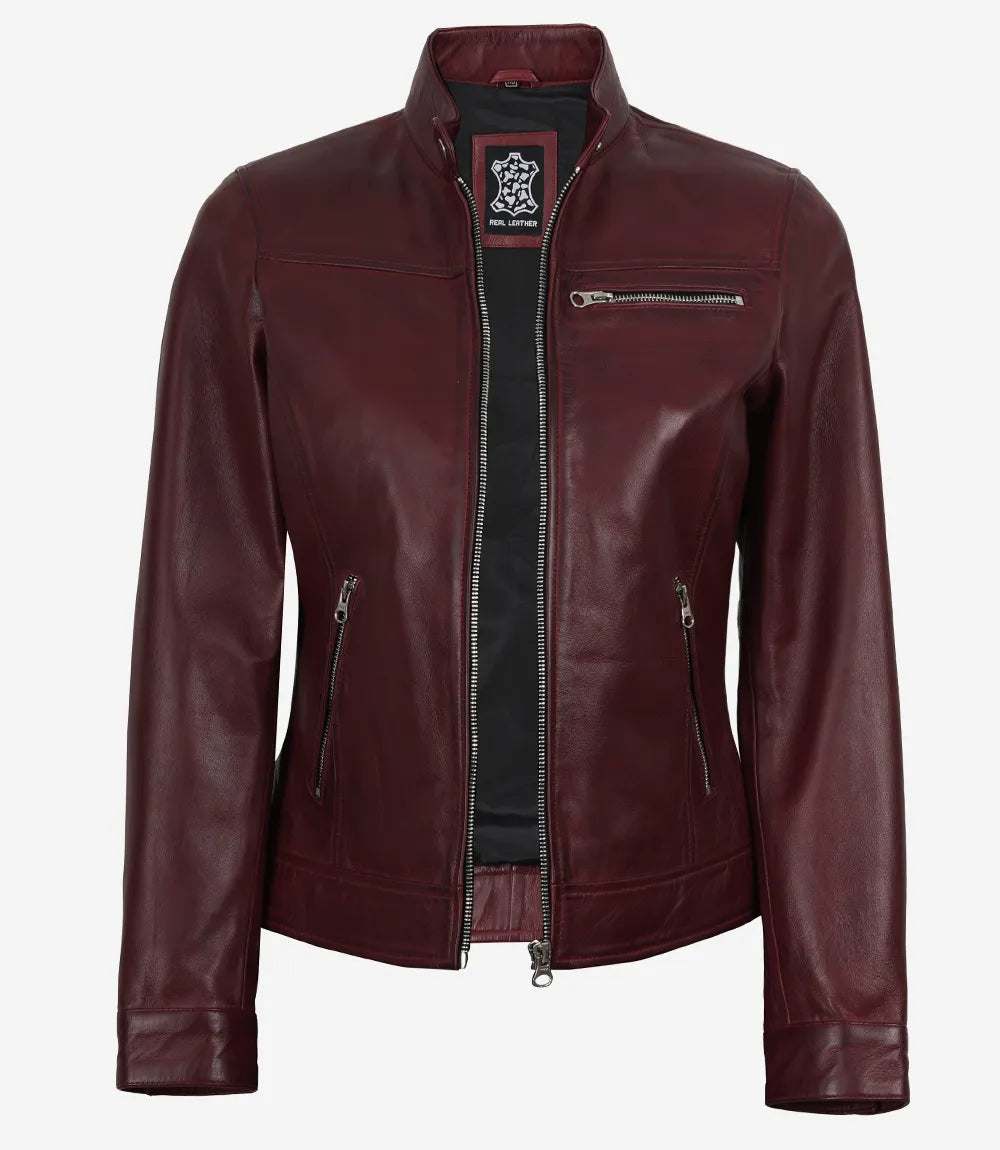Women's Burgundy Waxed Lambskin Biker Style Leather Jacket