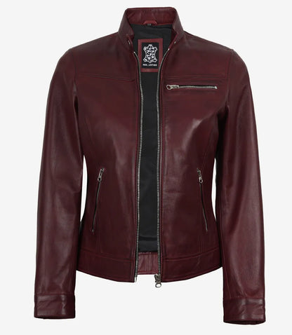 Women's Burgundy Waxed Lambskin Biker Style Leather Jacket