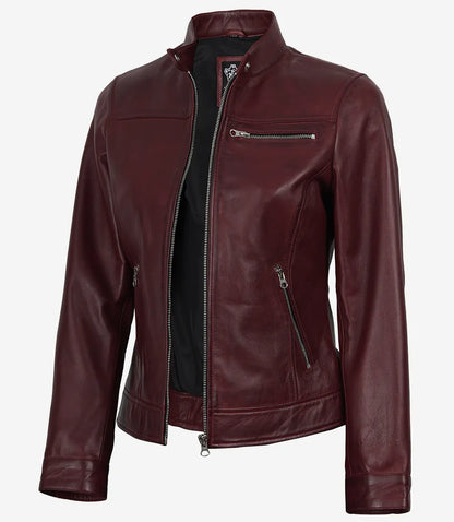Women's Burgundy Waxed Lambskin Biker Style Leather Jacket