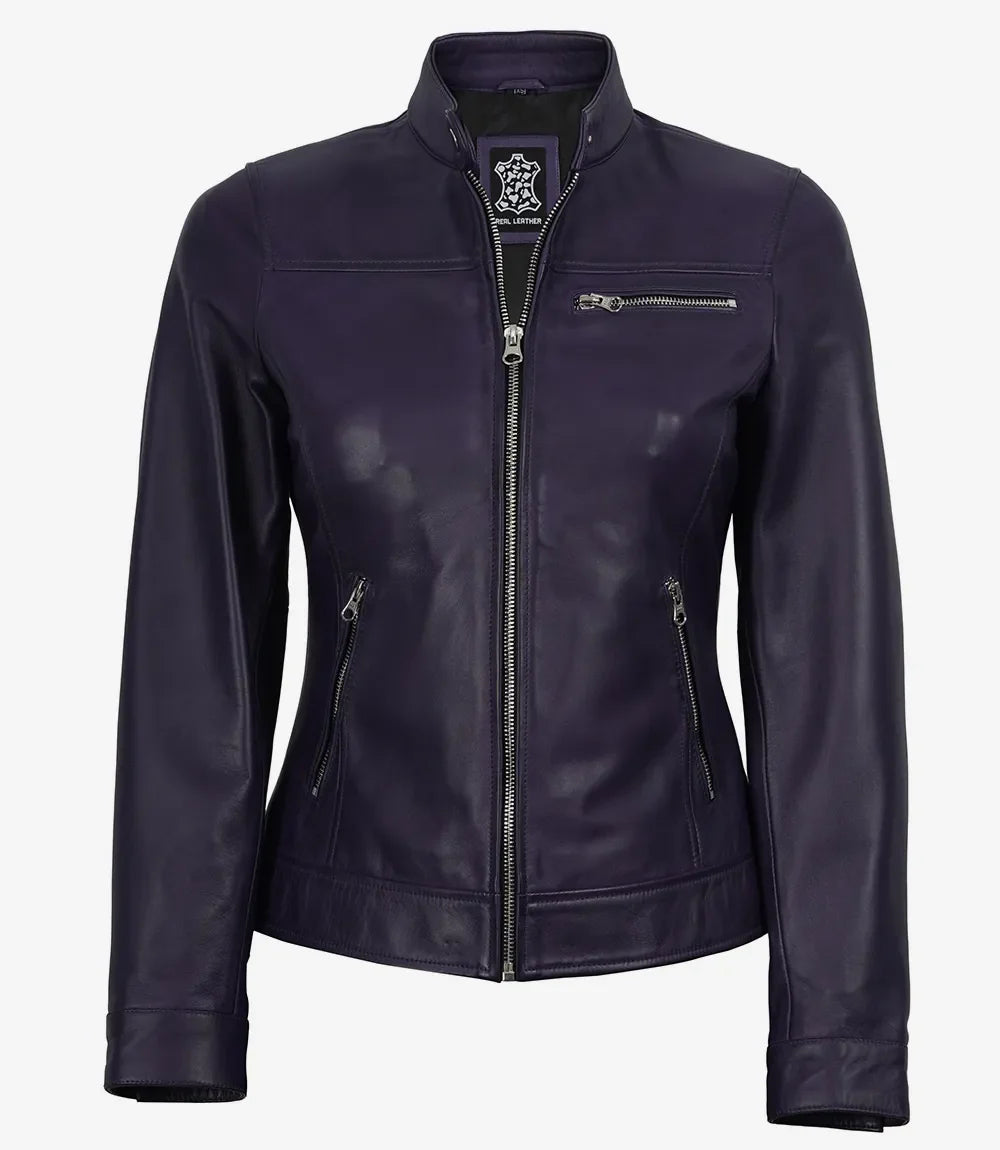 Women's Purple Waxed Lambskin Biker Style Leather Jacket