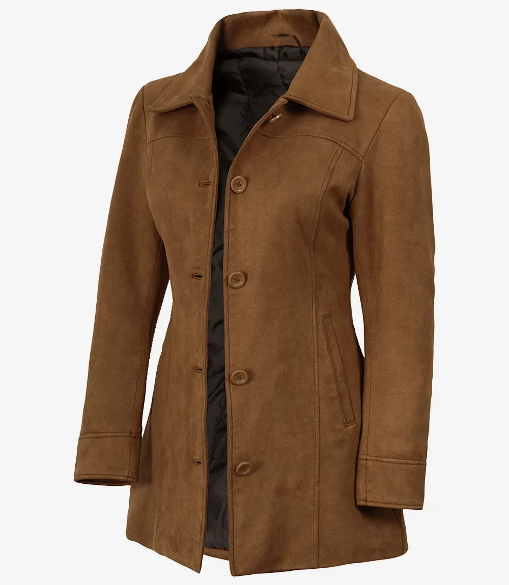 Women's 3/4 Length Button Down Light Brown Faux Suede Coat