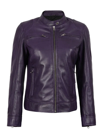 Dodge Womens Biker Style Purple Leather Jacket