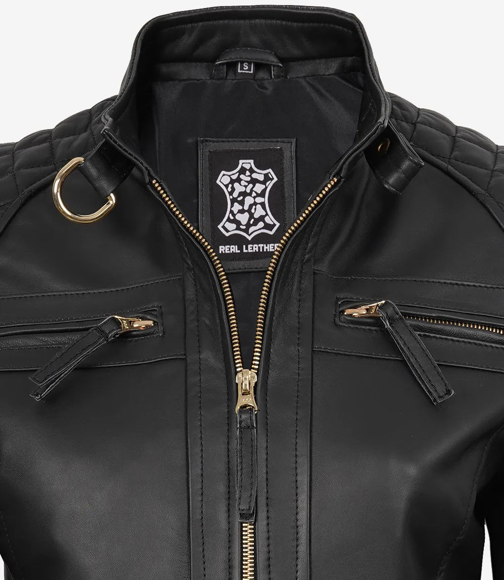 Women's Black Quilted Lambskin Biker Jacket — Gold Zippers & Snap Cuffs