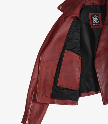 Women's Red Asymmetrical Biker Style Leather Jacket