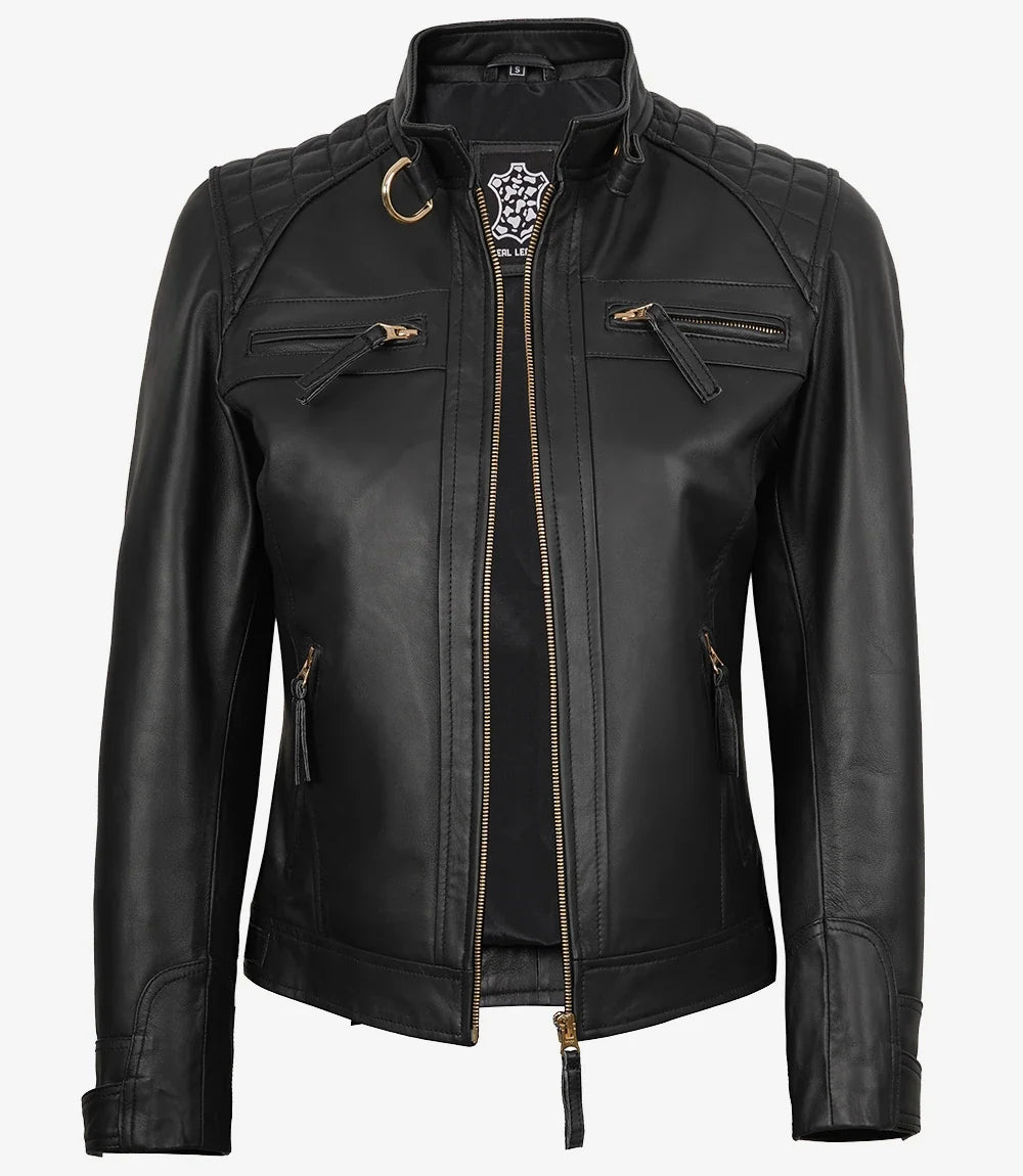 Women's Black Quilted Lambskin Biker Jacket — Gold Zippers & Snap Cuffs