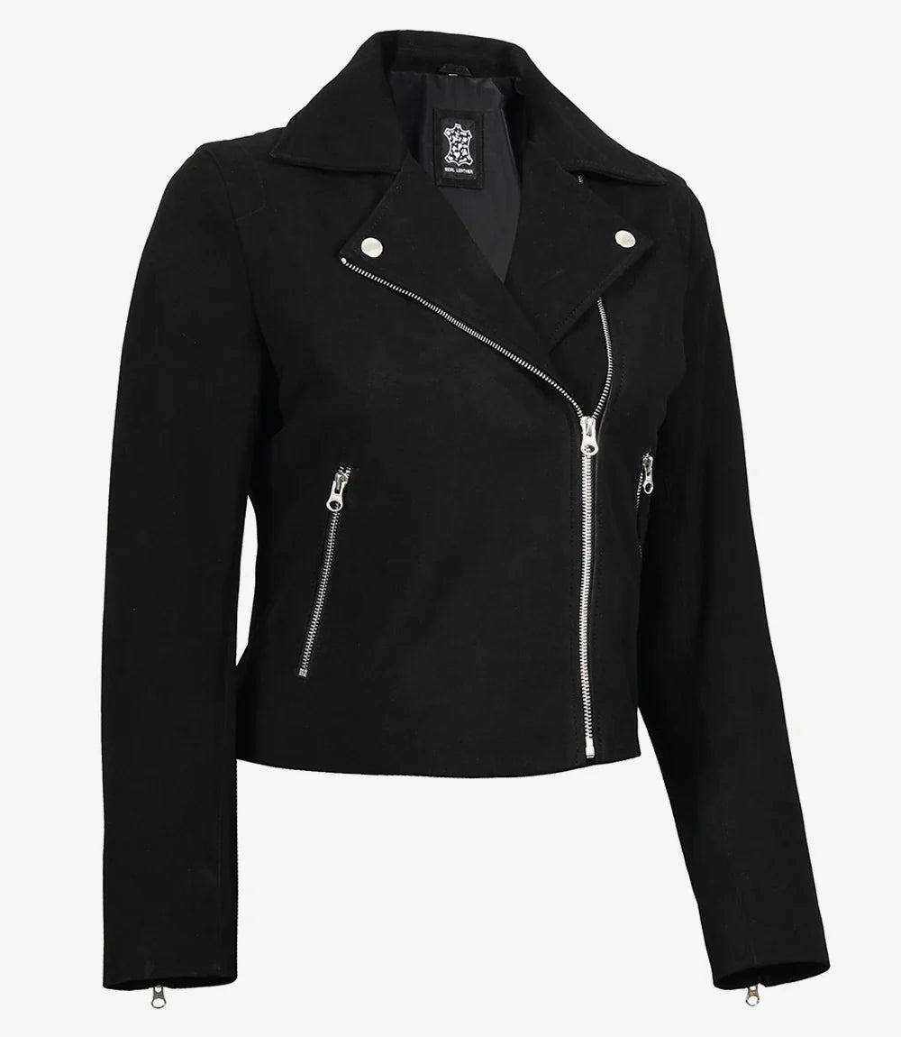 Womens Black Real Suede Biker Style Jacket