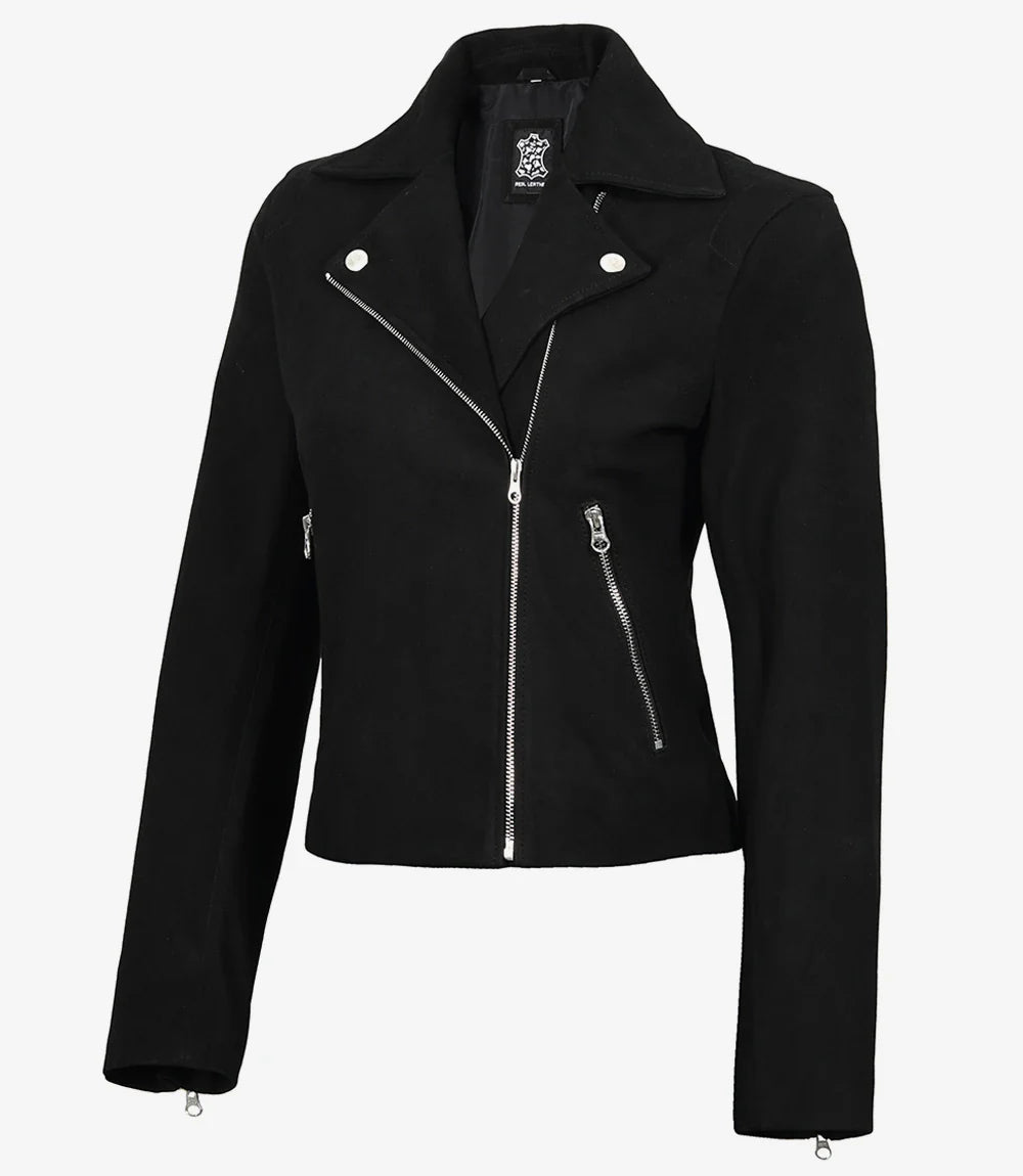 Womens Black Real Suede Biker Style Jacket