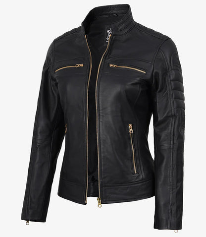 Women's Matte Black Leather Cafe Racer Jacket with Gold Zippers