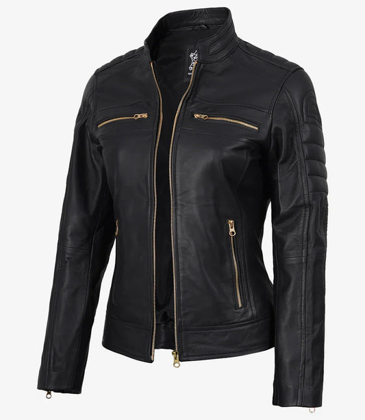Women's Matte Black Leather Cafe Racer Jacket with Gold Zippers